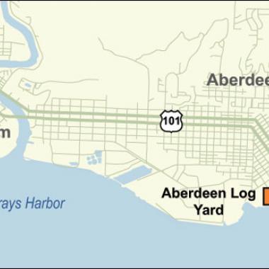 A map of the location of the former WSDOT pontoon casting basin in Aberdeen, Washington at the Aberdeen Log Yard.