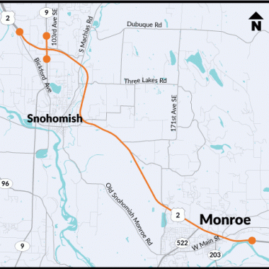 Map with highlighted section on US 2  between Bickford and Gold Bar where WSDOT will be paving 