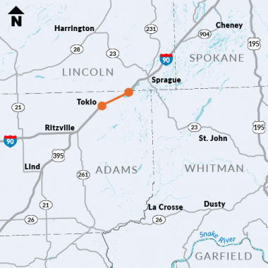 Map of project location on I-90 between the Tokio interchange and Lincoln County line.