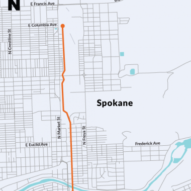 Map location of where the next segment of the Children of the Sun Trail that parallels the North Spokane Corridor will be built.