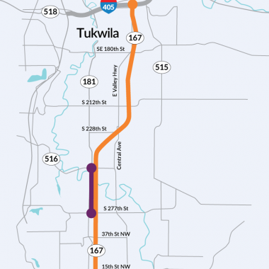 Map of state route 167 with a highlighted section where construction will take place