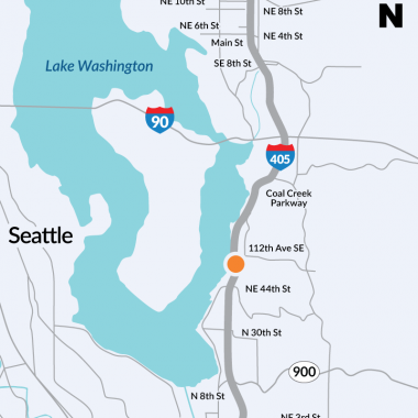Map showing the Ripley Lane Stream Connection Project area which is near the northern border of the City of Renton, less than half a mile north of the I-405/Northeast 44th Street interchange.
