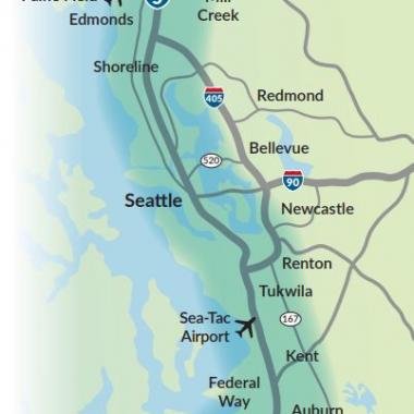 A map of I-5 and the surrounding areas with the stretch between Everett and Olympia highlighted. 
