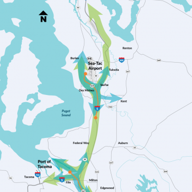 This map illustrates the new sections of SR 509 and SR 167, which will be tolled