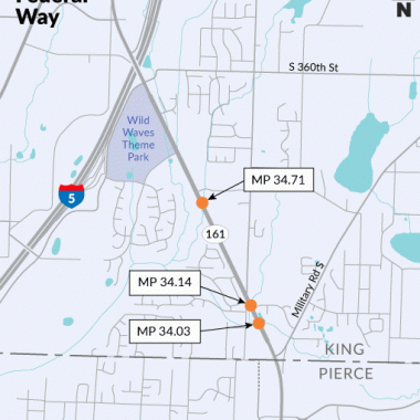 This map shows the locations of three culverts that carry tributaries under SR 161 to Hylebos Creek near Federal Way, WA.