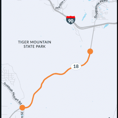 A map showing SR 18 between Issaquah/Hobart Road and Deep Creek