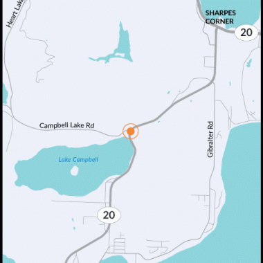 Map of the intersection of SR 20 and Campbell Lake Road located on Fidalgo Island. 