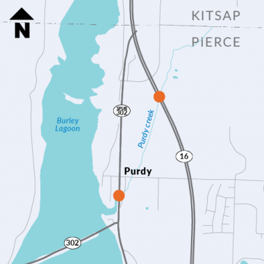 Locations where culverts will be replaced to improve habitat for fish under SR 16 and SR 302 in Pierce County.