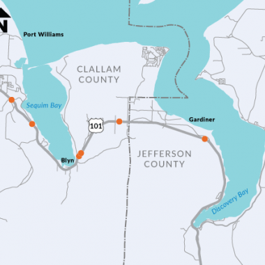 Project map showing location where WSDOT will replace six culverts on US 101 between milepost 267 and 278
