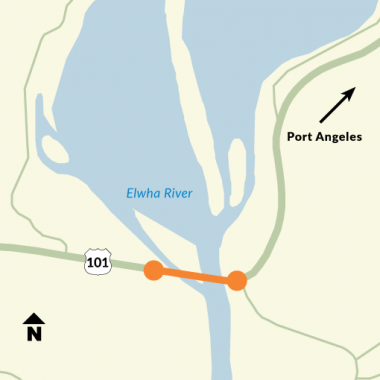Map of  US 101 with a highlighted area depicting the Elwha River Bridge location