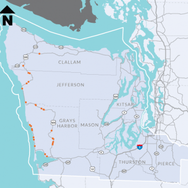 Project map shows area on the Olympic peninsula where WSDOT will replace fish barriers