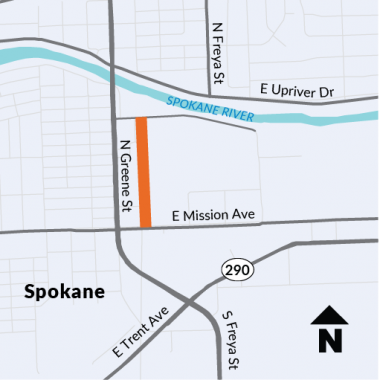Map location of the North Spokane Corridor, Sprague to Spokane River, phase 1 project at Spokane Community College's parking lot.