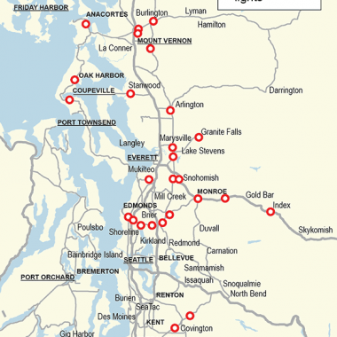 Map of locations where WSDOT will convert existing lighting to LED and or reduce the number of lights.