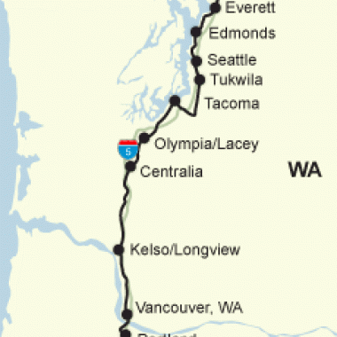 Map of rail corridor through Vancouver BC to Portland through Seattle