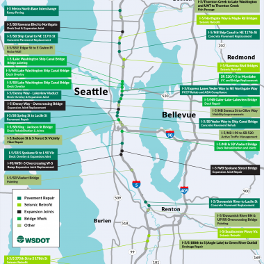 A map showing projects on I-5 that have funding sources identified through 2032