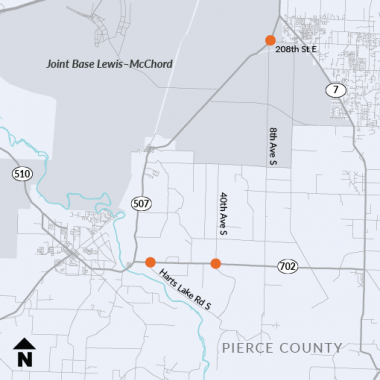 A map of SR 507 and SR 702 and surrounding roads in Pierce County, Washington