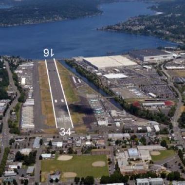 Renton Airport Runway located near the city center and body of water.