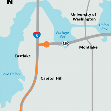 A map showing the SR 520 and I-5 interchange in Seattle. The portion of I-5 from 520 to Mercer Street is highlighted by an orange line showing the project area.