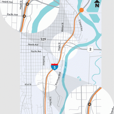 A map showing the work zone on northbound I-5 between Lowell Road and the Snohomish River.