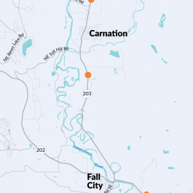 This map shows the locations on SR 202 and 203 near Fall City and Carnation where fish passage work will occur.