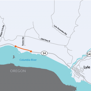 Map shows SR 14 between milepost 73.16 and 73.92 where WSDOT crews will work to stabilize the slope on the north side of the highway, just west of the Chamberlain Lake Rest Area in Klickitat county