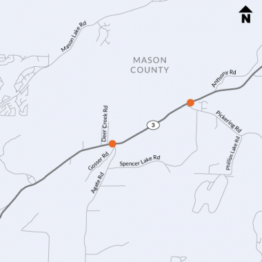 A study map of SR 3 at East Agate and Pickering Roads in Mason County