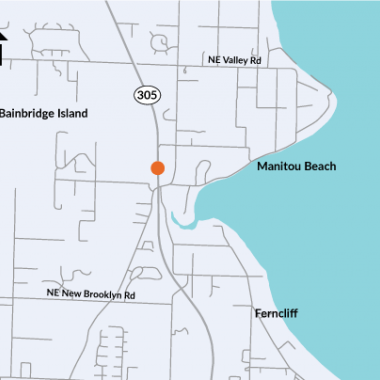 Map of State Route 305 on Bainbridge Island with orange circle placed on location of work zone at Murden Creek.