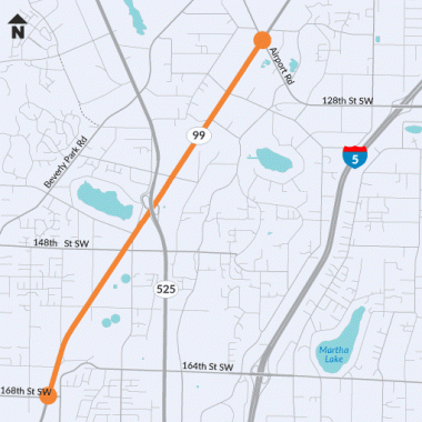 A map of SR 99 highlighting the study area, 148th Street Southwest to Airport Road.