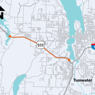 Map of areas that will be paved on US 101 between Mud Bay and I-5 in Tumwater.