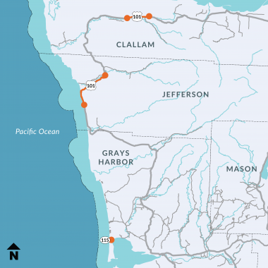 Map of three work zones in Clallam, Jefferson, and Grays Harbor Counties. 