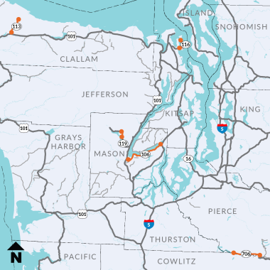 Map of western Washington with orange lines over SR 113 in Clallam County, SR 116 in Jefferson County, SR 119, and SR 106 in Mason County, and SR 706 Pierce County
