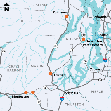 Map of the Kitsap and Olympic Peninsulas showing Quilcene, Bremerton, Shelton, and Montesano.