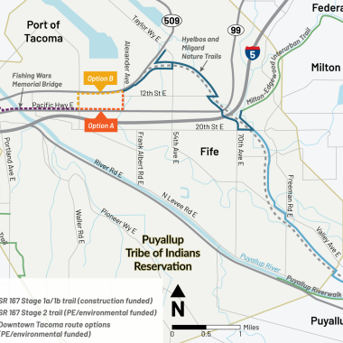 A Tacoma to Puyallup Regional Trail would travel from Meridian Ave. in Puyallup along the new SR 167 expressway alignment. 