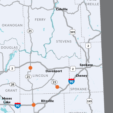 Map of Eastern Washington that shows locations of several rural bridges that will be rehabilitated in 2022