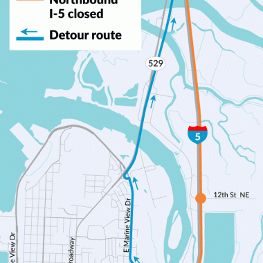 A map showing the northbound I-5 early morning closure in Everett and the detour.