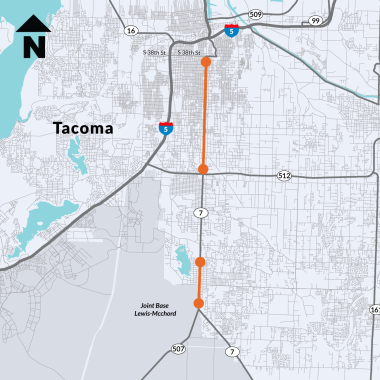 Map showing the areas that will be repaved on SR 7 in Pierce County this summer.