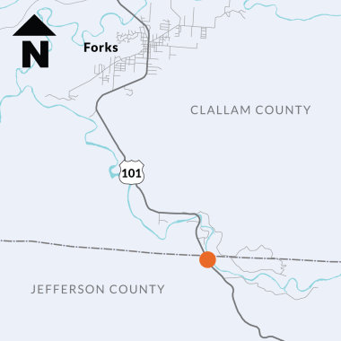 A map showing an area of US 101 south of the City of Forks near the Clallam-Jefferson County border.