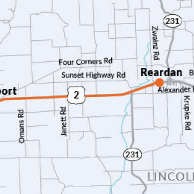 Project map location for the US 2 paving project between Reardan and Davenport in Lincoln County.