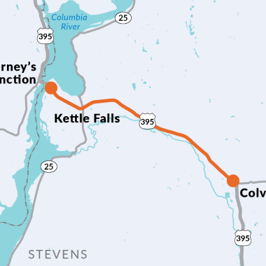 Map of US 395 showing pavement project location between Colville and the Columbia River