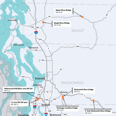 This map shows the locations of 17 bridges in King, Snohomish, Skagit and Whatcom counties that will undergo deck rehabilitation.