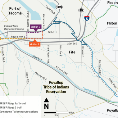 Map of proposed Tacoma to Puyallup Trail route showing two options between Alexander Ave and Port of Tacoma Road