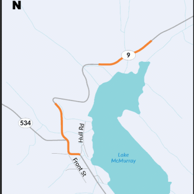 Map showing work zone areas for upcoming fish passage work on SR 9 in Skagit County.