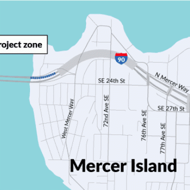 A map showing where westbound I-90 will be closed on the west side of Mercer Island.