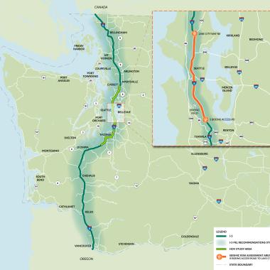 A map of western Washington with the I-5 corridor between Oregon and Canada highlighted in dark green. There is a pop out box of the Puget Sound area, with I-5 highlighted in orange to indicate the seismic study will cover the area between South Boeing Access Road and Lake City Way Northeast.