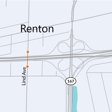 A map showing the location of the Lind Avenue overpass at I-405 in Renton.