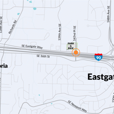 A map showing the location of work to repair a girder that supports 142nd Place Southeast over Southeast Eastgate Way in Bellevue.