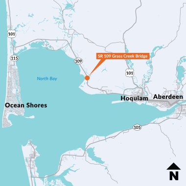 A map of SR 109 between Hoquiam and Ocean Shores with an orange dot depicting the Grass Creek Bridge
