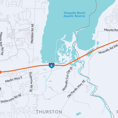 Map of the area surrounding the Nisqually River with an interstate highway running through the middle.