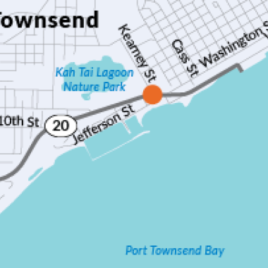 A map of Port Townsend with a dot noting the location of the roundabout on State Route 20