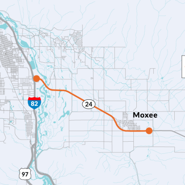 map of State Route 24 corridor study in Moxee, Washington from milepost zero to six and a half
